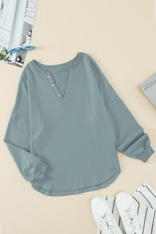 Green Buttoned V Neck Cotton Loose Fit Top