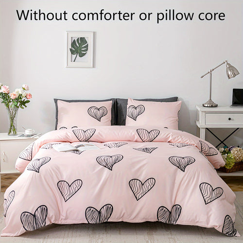 Heart Print Polyester Duvet Cover Set with Pillowcases