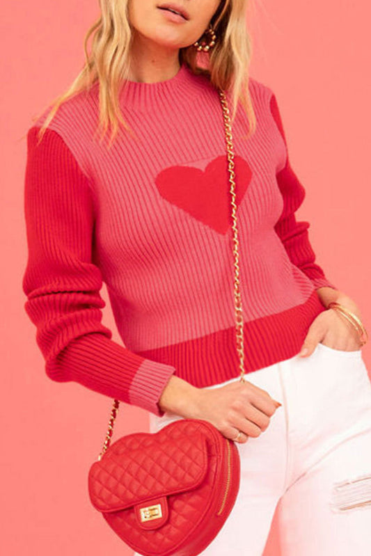 Fiery Red Mock Neck Colorblock Valentine Heart Ribbed Sweater