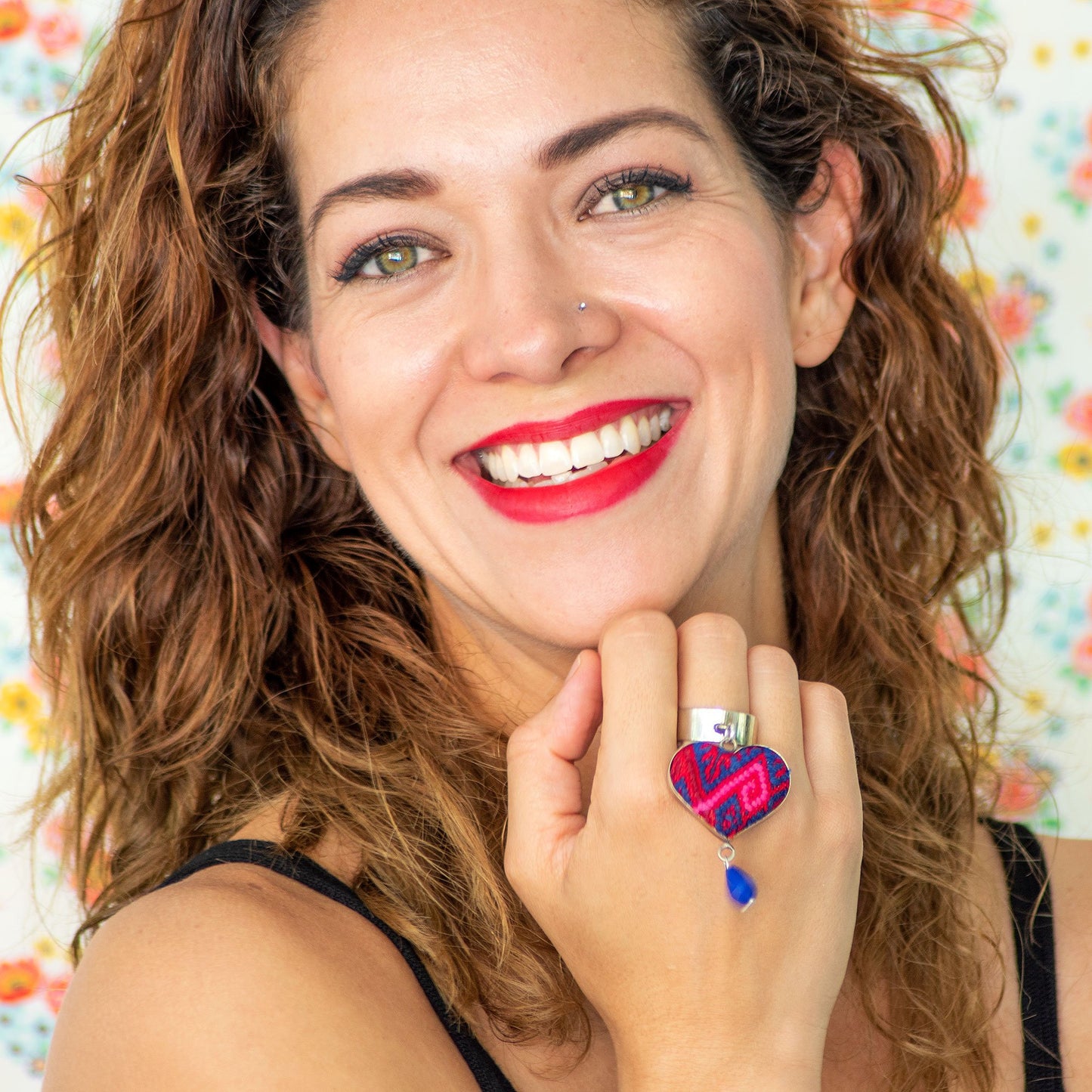 Folk Ring with Hanging Heart and Stone.