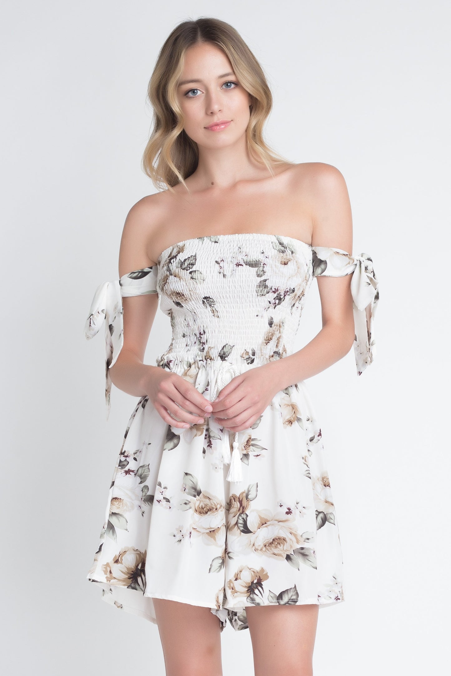 Women's Off Shoulder Smocked Floral Tie Romper