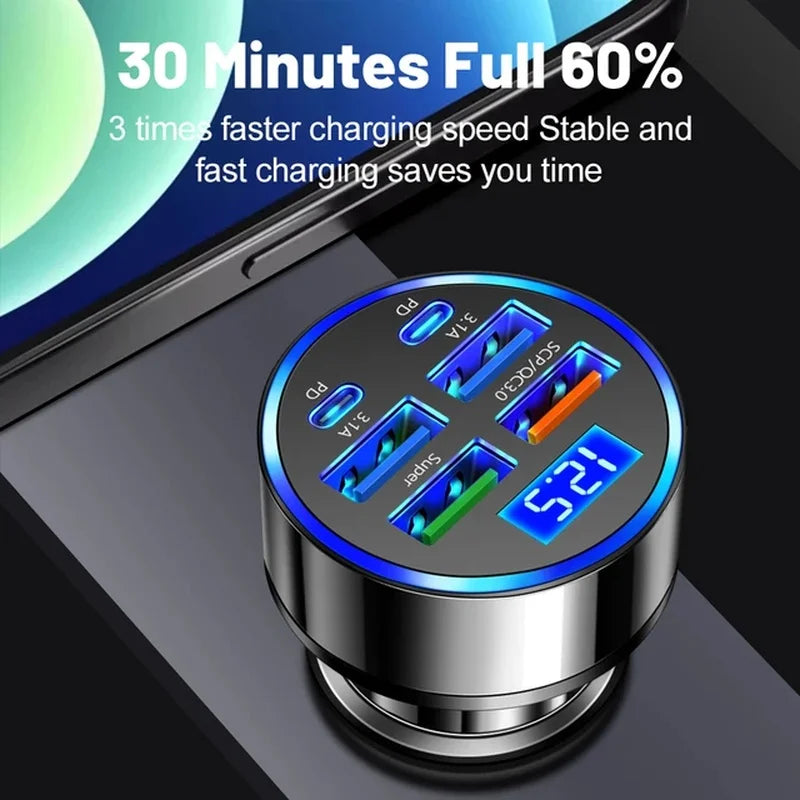 100W 6 Ports Car Charger Fast Charging PD QC3.0 USB C Car Phone