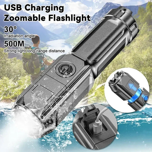 Portable LED Flashlight ABS Strong Light Focusing Flashlight USB