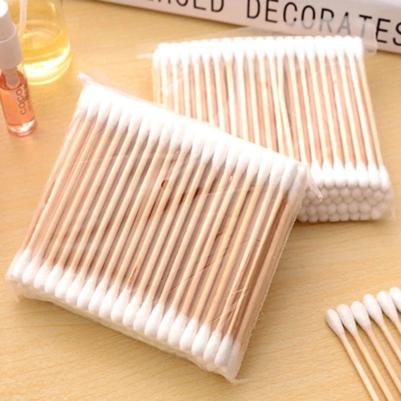 500pcs Double Head Wood Cotton Swab Nose Ears Cleaning Women Makeup