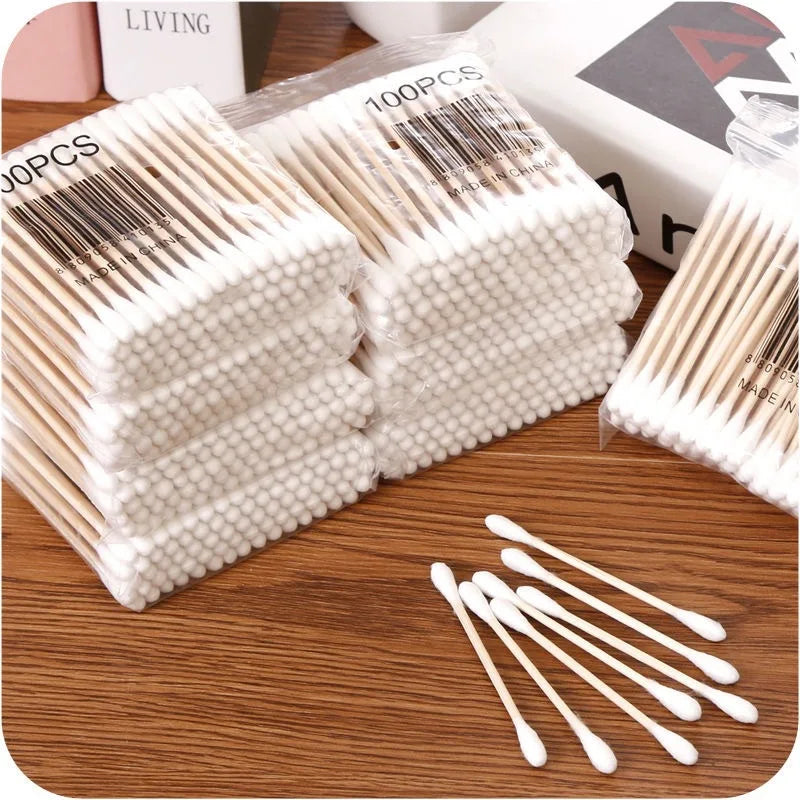 500pcs Double Head Wood Cotton Swab Nose Ears Cleaning Women Makeup