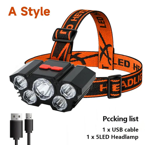 5 LED Headlamp Rechargeable with Built in Battery Strong Light