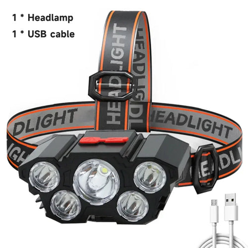 5 LED Headlamp Rechargeable with Built in Battery Strong Light