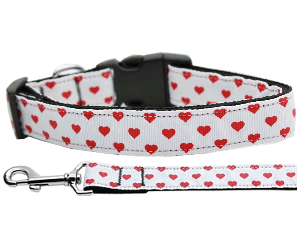 Pet Dog & Cat Nylon Collar or Leash, "White and Red Dotty Hearts"