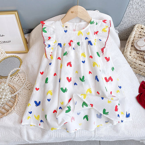 Baby Girl Heart Print Pattern Ruffle Design Sleeveless Dress